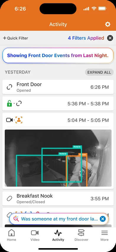 Alarm.com app showing filtered front door events from last night, including a video clip with detection boxes