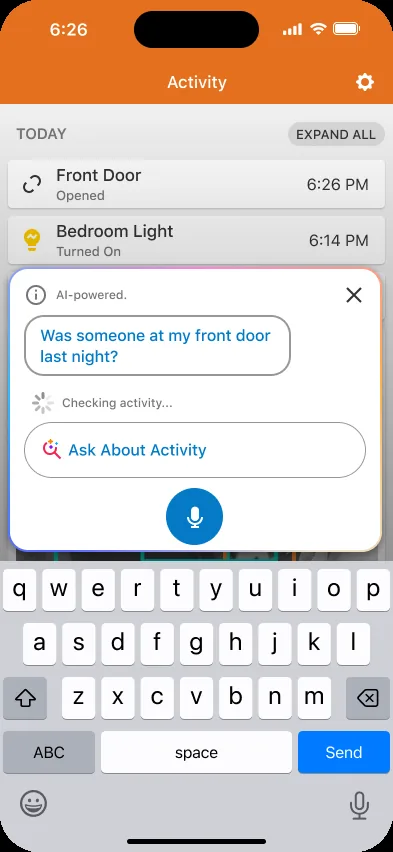 Alarm.com app Activity screen with the AI-powered prompt asking whether someone was at the front door last night