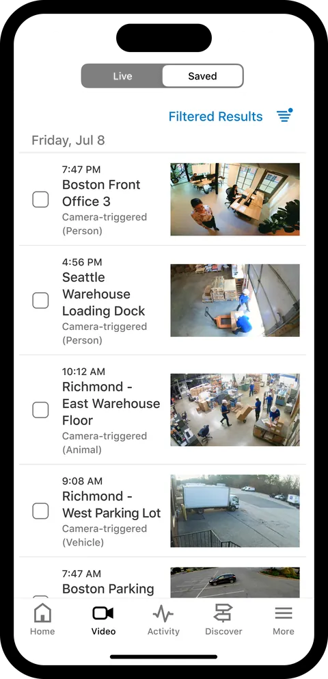 Alarm.com app saved clips list showing person, animal and vehicle clips from several business locations