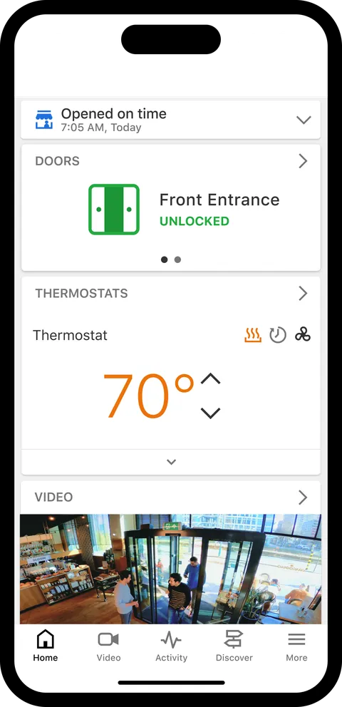 Alarm.com app showing opened-on-time highlight, doors, thermostat and video