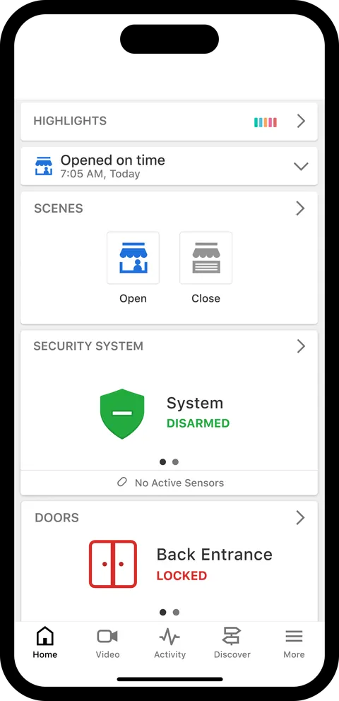 Alarm.com business app with scenes, security status and door controls