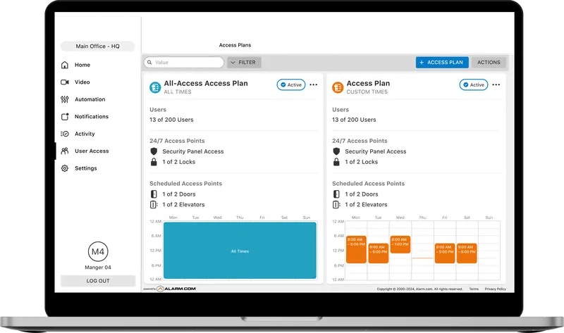 Alarm.com customer website showing access plans with door schedules