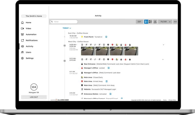 Alarm.com customer website activity list with door events and video thumbnails