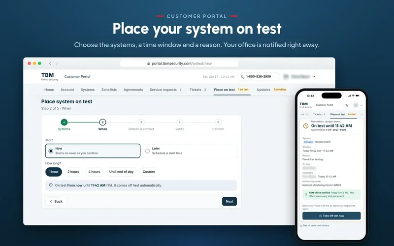 TBM customer portal preview: planned place-system-on-test screens, coming soon