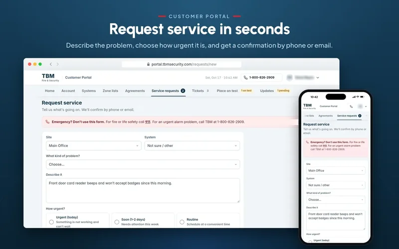 TBM customer portal preview: online service request form on a laptop and a phone
