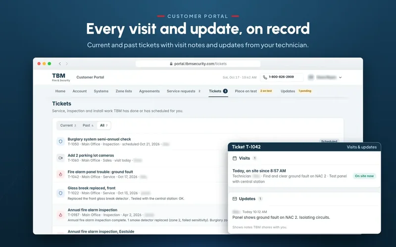 TBM customer portal preview: ticket list with visit details and technician updates