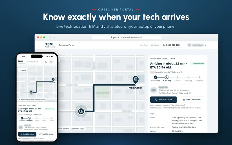 TBM customer portal preview: live technician tracking on a map with ETA and visit progress, on a laptop and a phone