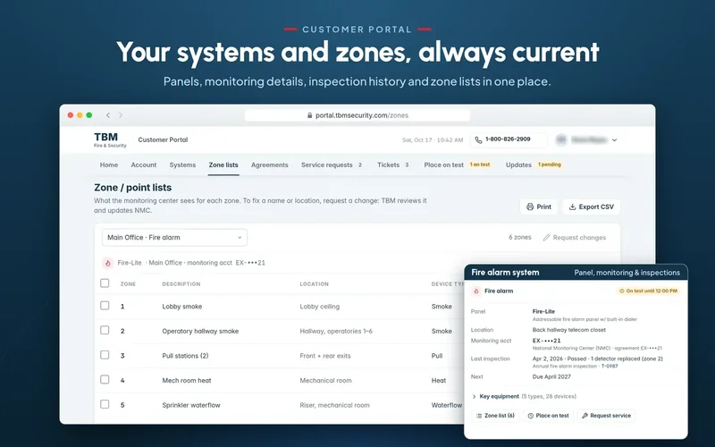 TBM customer portal preview: fire alarm zone list with system details