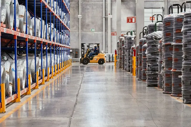 Warehouse with shelving and a forklift